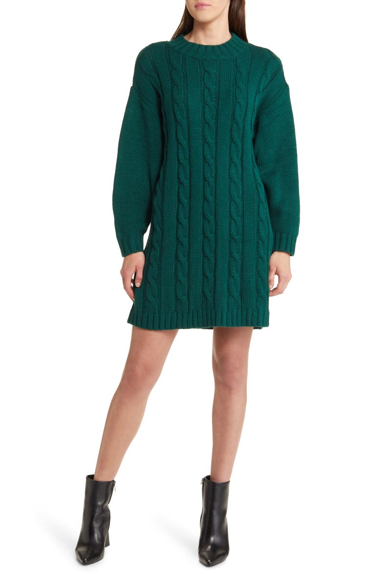 Staycation Cable Stitch Long Sleeve Sweater Dress, Main, color, CALLA GREEN