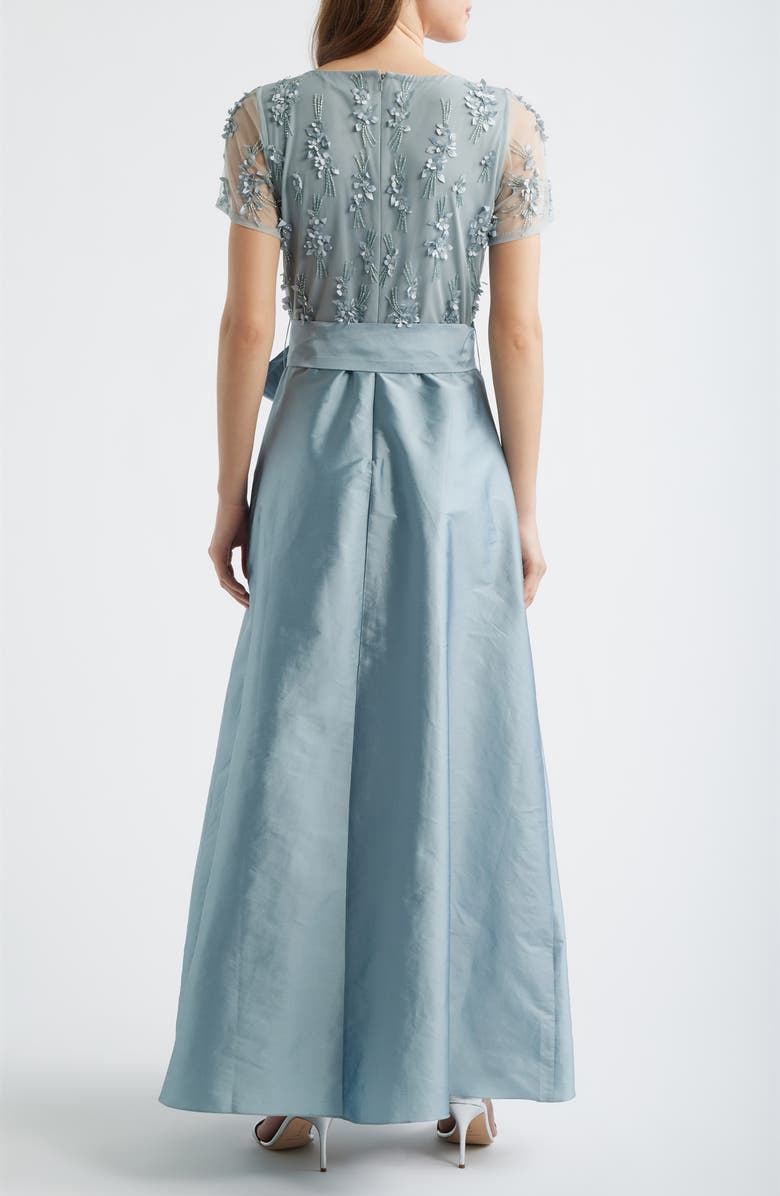 Pisarro Nights 3D Floral Bodice Beaded Gown, Alternate, color, Ice