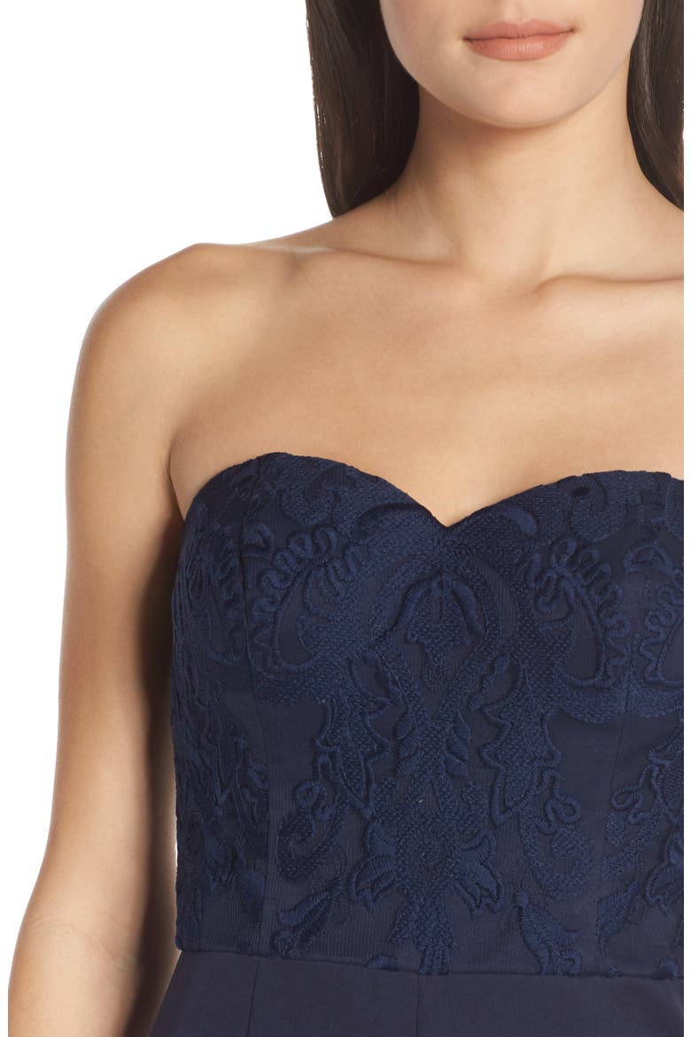 Naomi Embroidered Bodice Strapless Jumpsuit, Alternate, color, NAVY