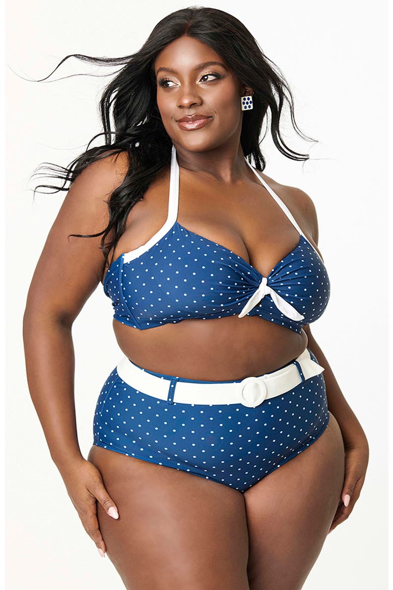 Plus Size Bow Halter Swim Top, Main, color, Navy White Dots