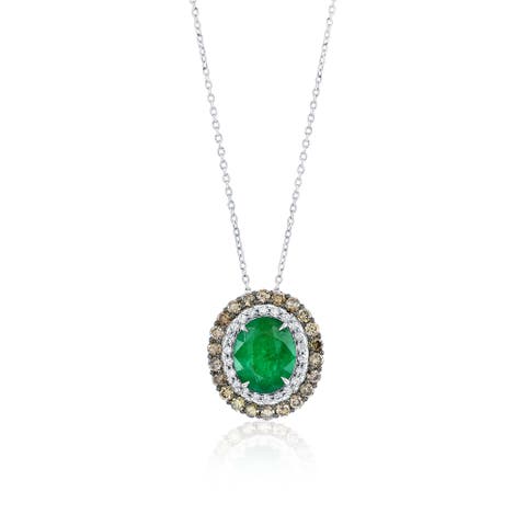 14K White Gold 2.90ct Oval Emerald & 0.91cttw Diamond Double-Halo Pendant Necklace