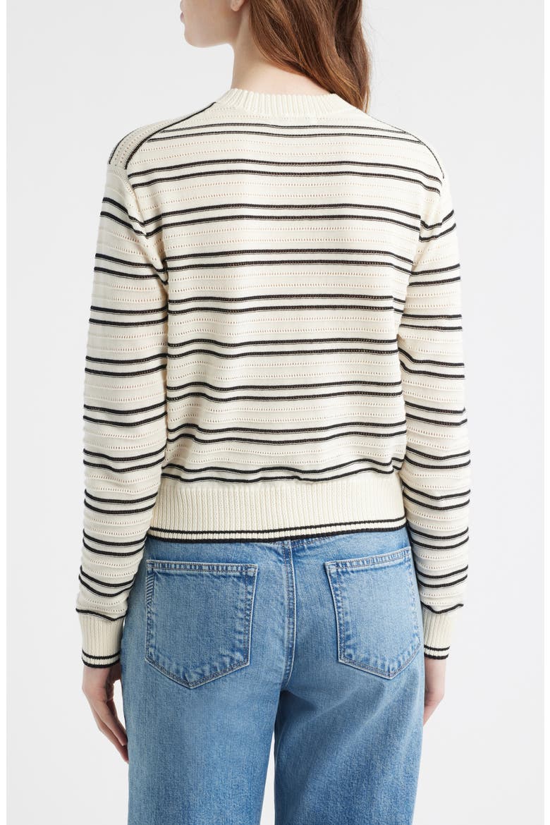 Striped Textured Stitch Cotton Crewneck Sweater, Alternate, color, IVORY AND BLACK DOUBLE STRIPE