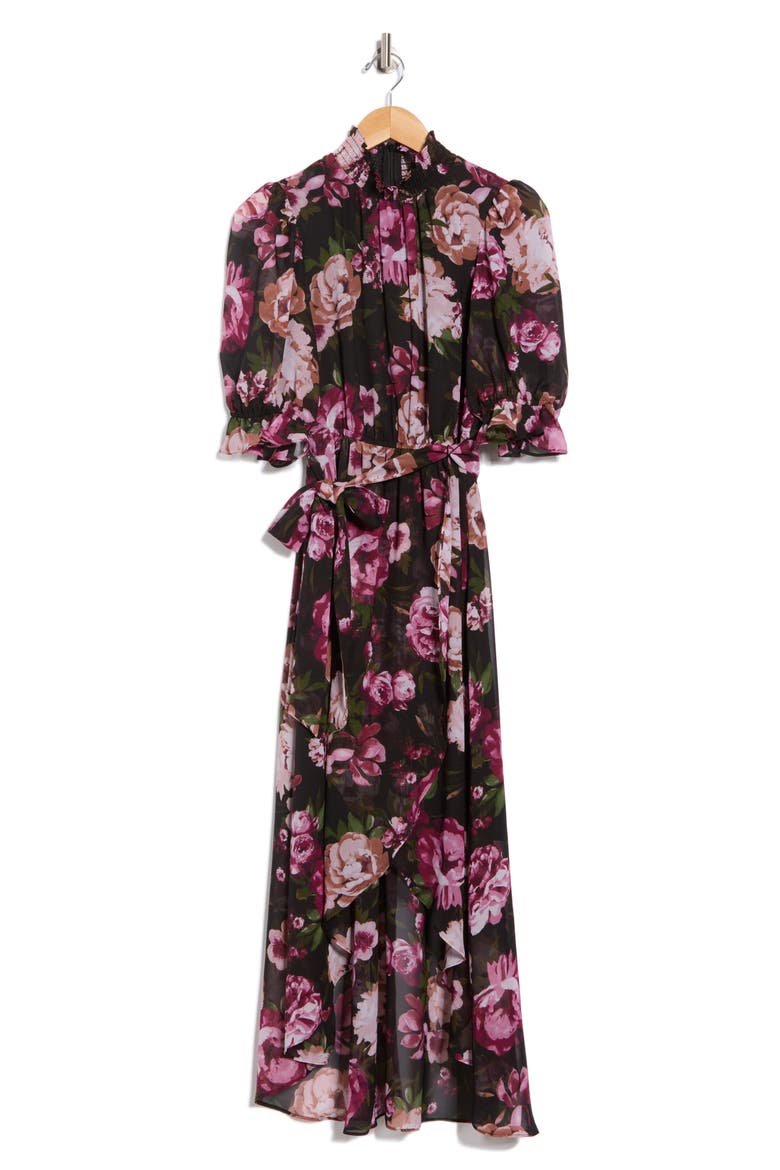 Floral Smocked Mock Neck High-Low Dress, Alternate, color, BLACK MULTI