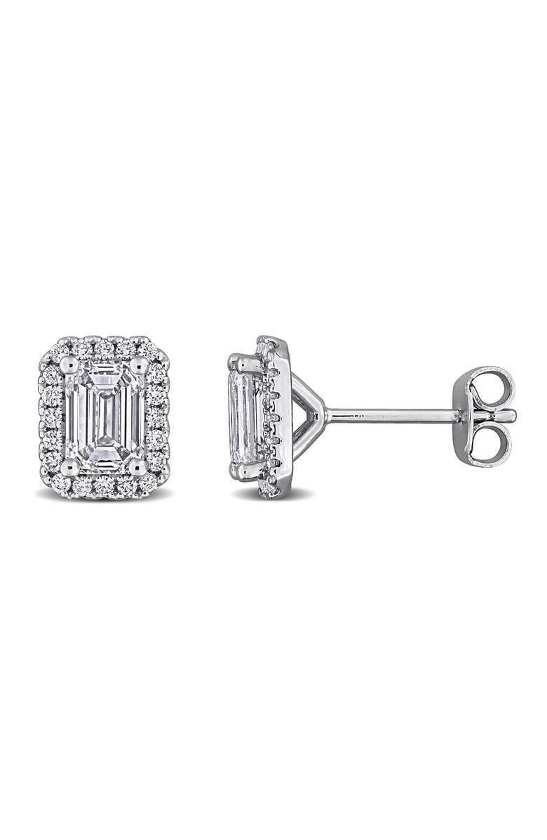 Created Forever Sterling Silver Emerald Cut Lab Grown Diamond Halo Stud Earrings, Main, color, White