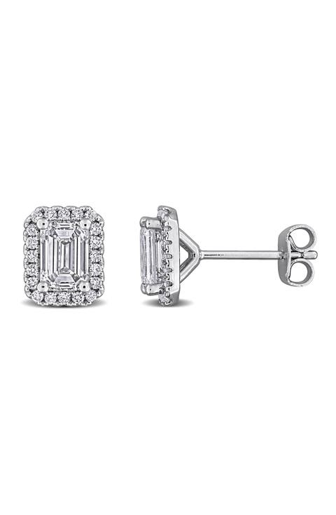 Sterling Silver Emerald Cut Lab Grown Diamond Halo Stud Earrings