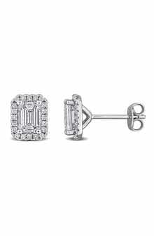 Created Forever Sterling Silver Emerald Cut Lab Grown Diamond Halo Stud Earrings