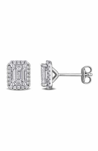 Created Forever Sterling Silver Emerald Cut Lab Grown Diamond Halo Stud Earrings