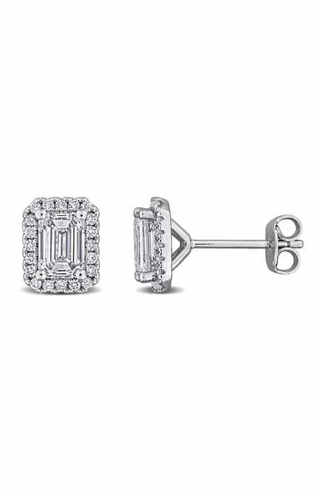 Created Forever Sterling Silver Emerald Cut Lab Grown Diamond Halo Stud Earrings