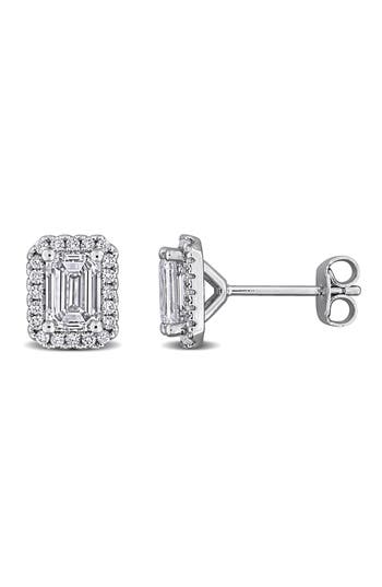 Created Forever Sterling Silver Emerald Cut Lab Grown Diamond Halo Stud Earrings In White