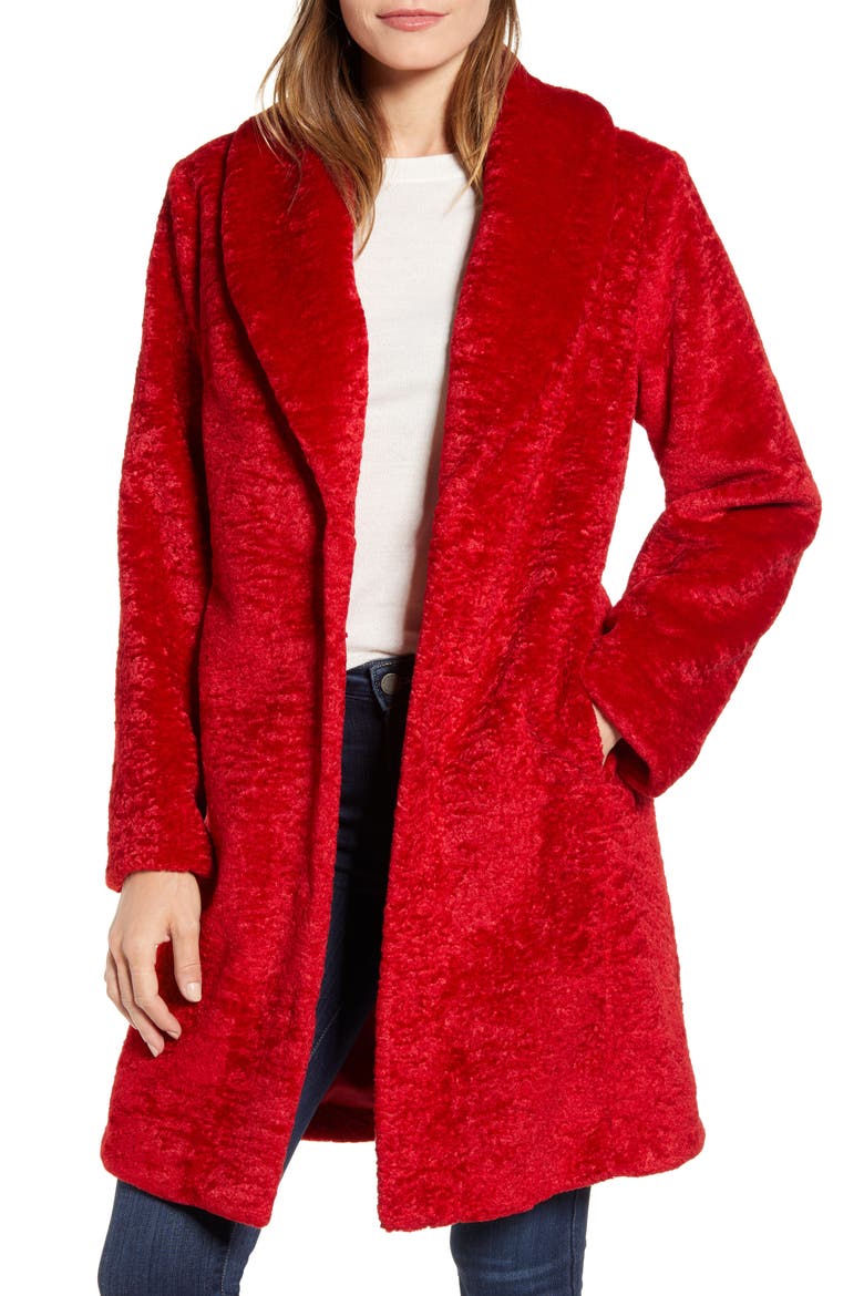 Faux Shearling Shawl Collar Coat, Main, color, RED SCARLET