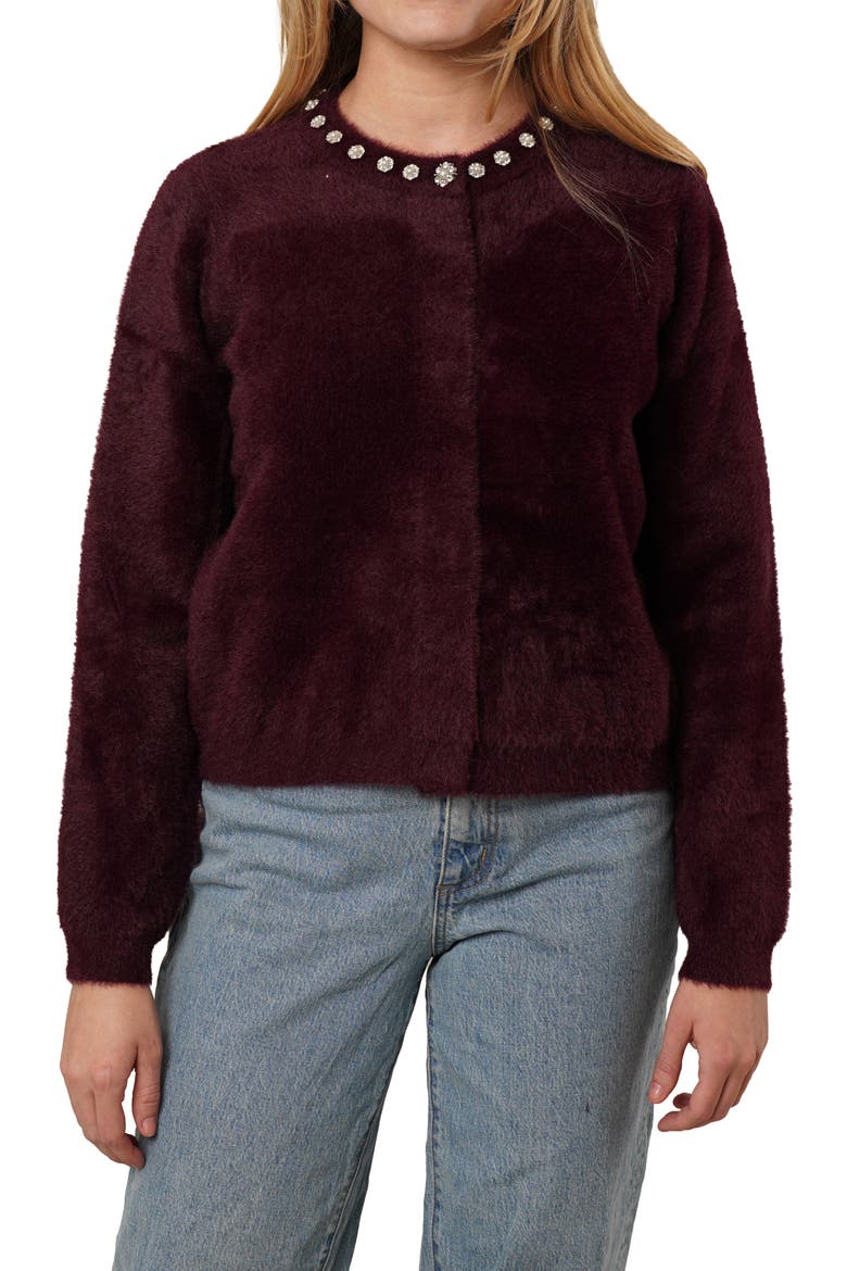 Embellished Fuzzy Cardigan, Main, color, DEEP WINE