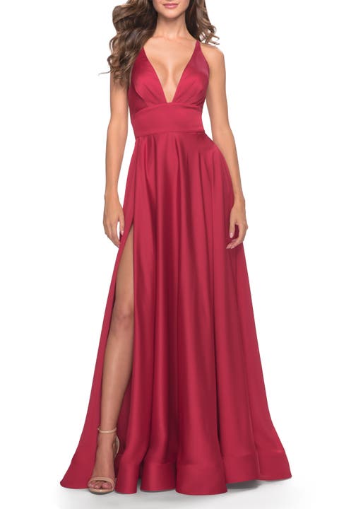 A-Line Satin Gown with Deep V and Slit