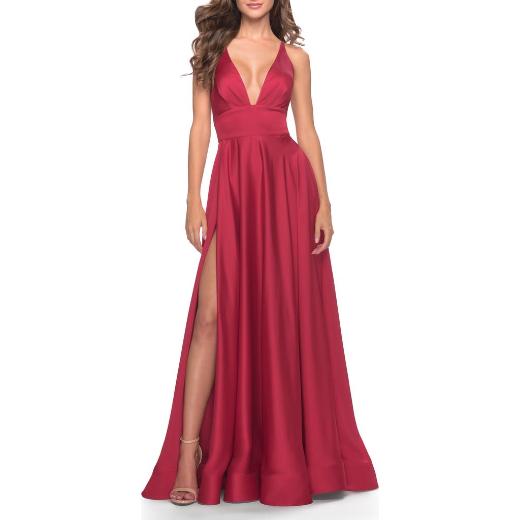 La Femme A-line Satin Gown With Deep V And Slit