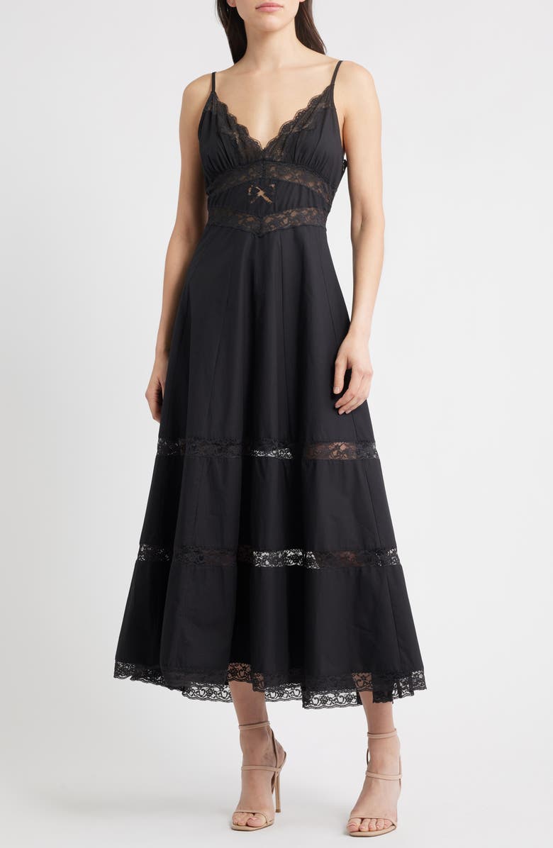 LoveShackFancy Catryn Lace Inset Cotton Slipdress, Main, color, Black