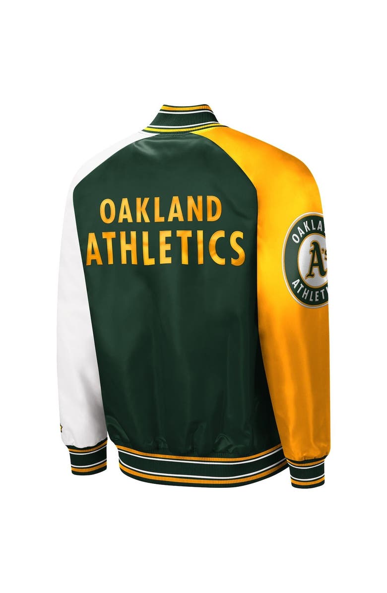 STARTER Men's Starter Green/Gold Oakland Athletics Reliever Varsity Satin Raglan Full-Snap Jacket, Alternate, color, 