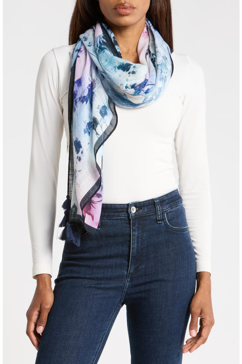 Floral Print Square Tassel Scarf, Main, color, BLUE
