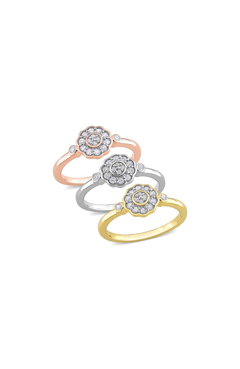 DELMAR 3-Piece Assorted Diamond Flower Rings, Main, color, Silver/ Gold/ Rose Gold