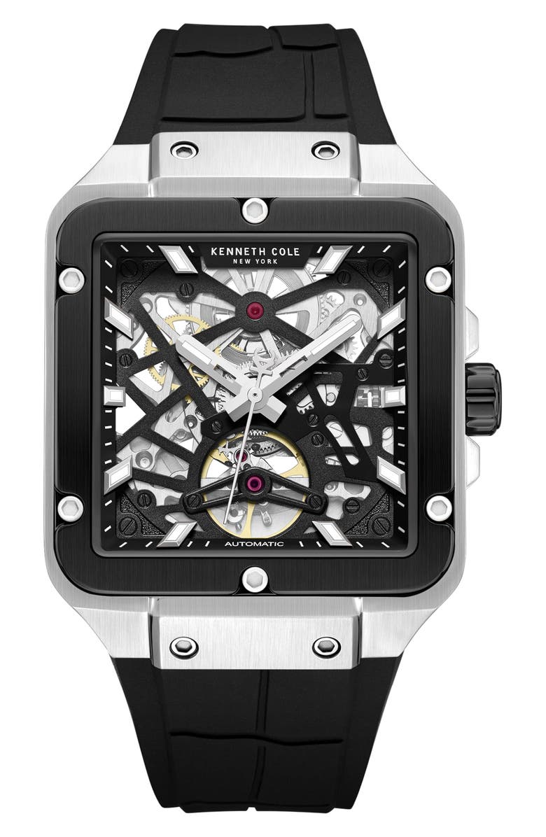 Kenneth Cole New York Automatic Silicone Strap Watch, 41.5mm, Main, color, Black