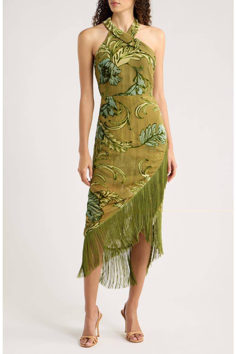 Nella Asymmetric Fringe Midi Dress, Main, color, GREEN MULTI