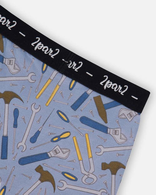 Deux Par Deux Boy's Printed Organic Cotton Boxer Shorts Tools On Bluish Gray Background In Tools On Bluish Gray