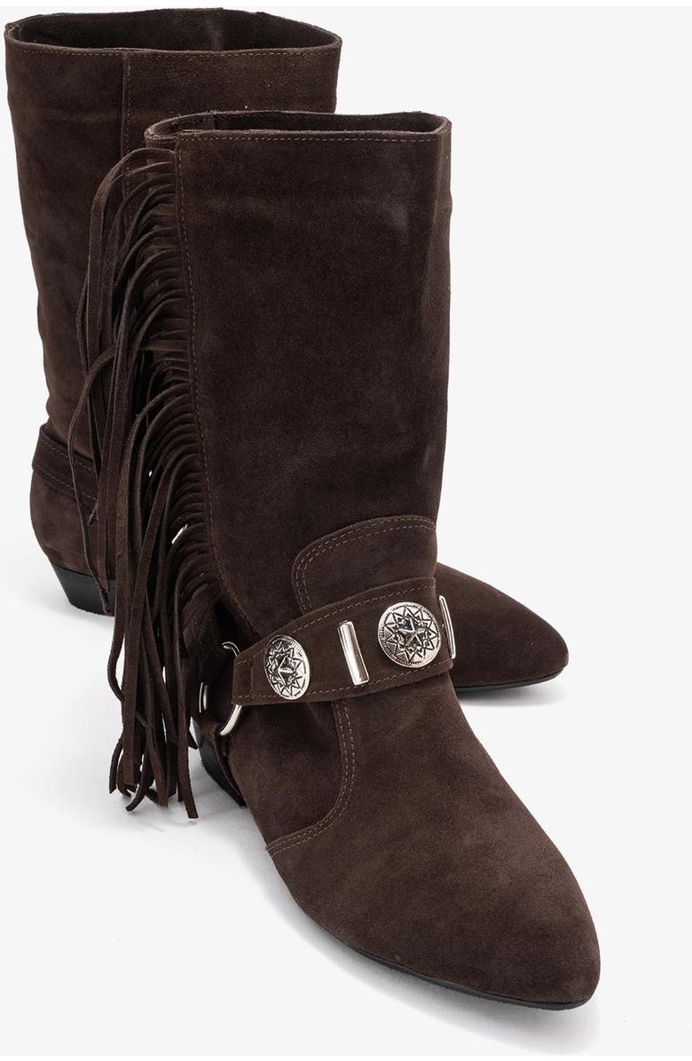 Forever & Always Shoes Selora Leather Buckle Western Boot, Alternate, color, Brown Suede Leather