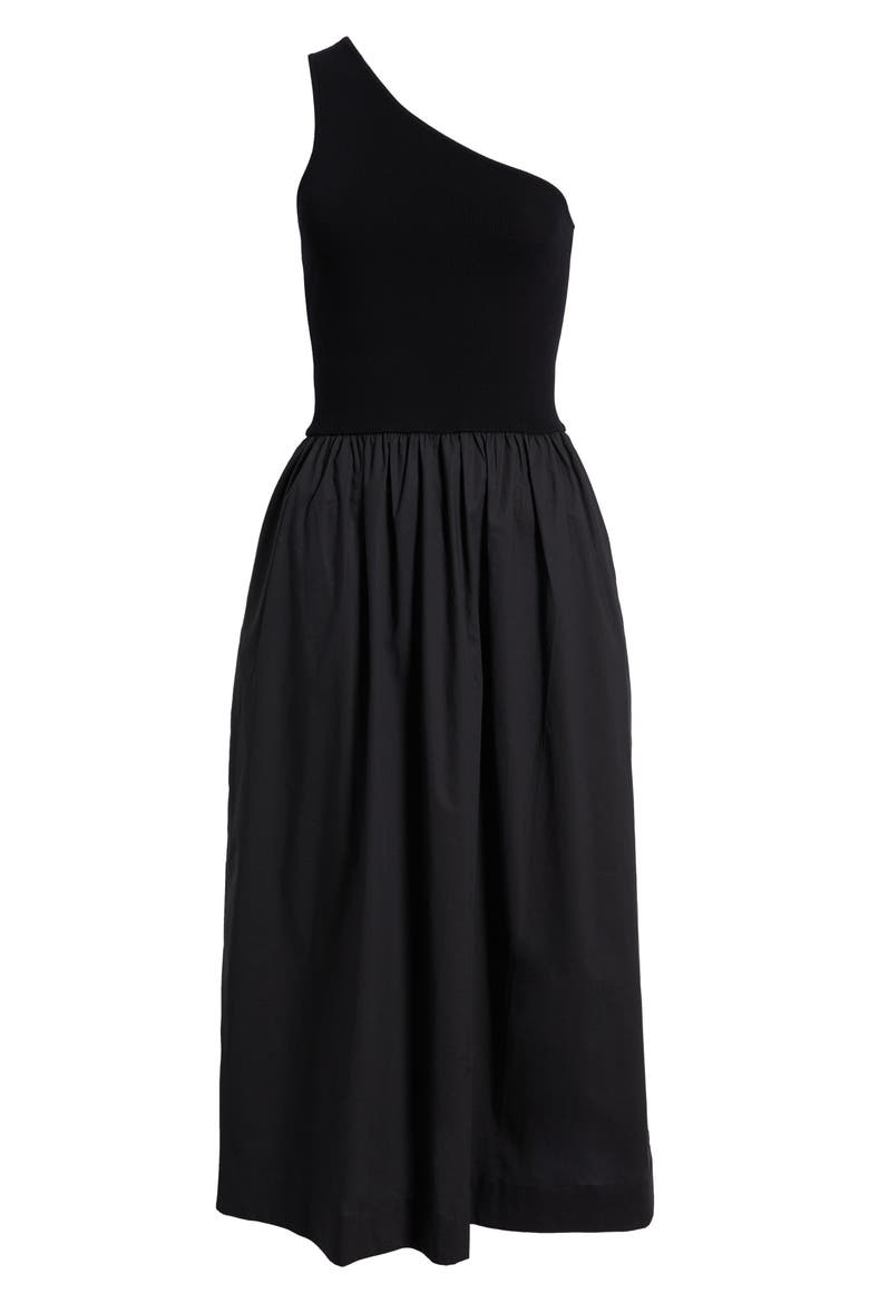 Anita One-Shoulder Mixed Media Midi Dress, Alternate, color, BLACK