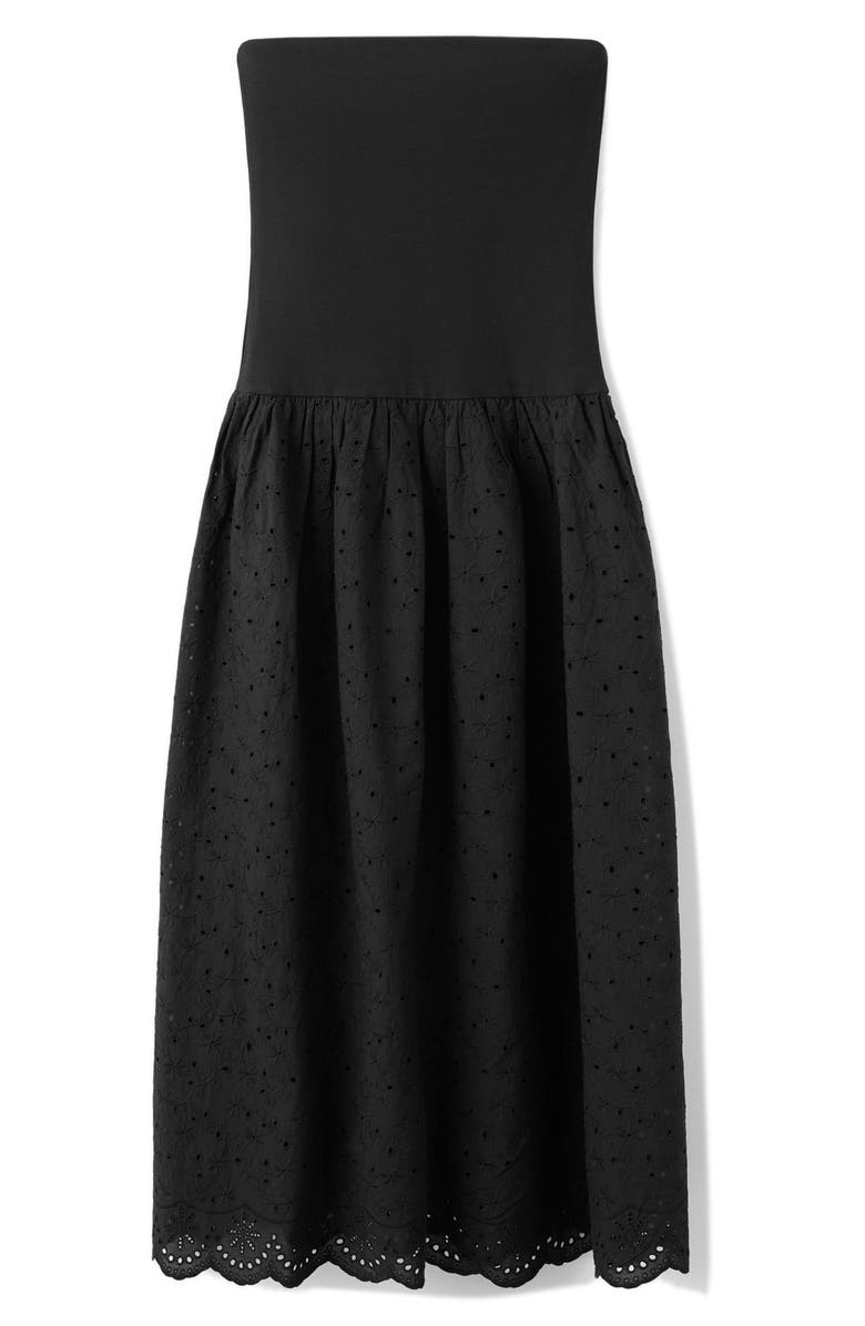 MANGO Embroidered Eyelet Strapless Maxi Dress, Main, color, Black