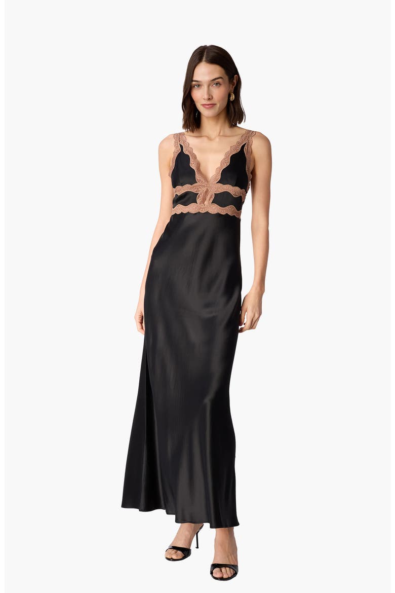 Wendice Lace Trim Satin Slipdress, Alternate, color, BLACK