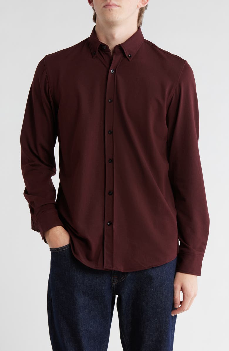 DENIM AND FLOWER Long Sleeve Piqué Button-Down Shirt, Main, color, Burgundy