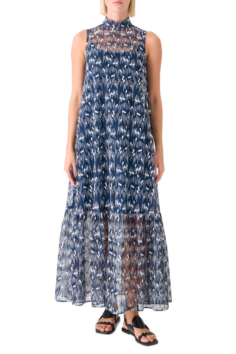 Embroidered Tulle A-line Dress, Main, color, DARK BLUE-CREAM