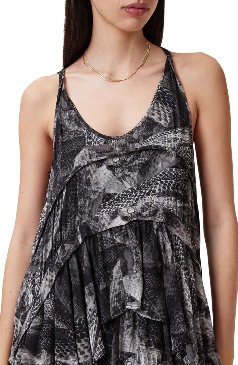 AllSaints Cavarly Snakeskin Print Tiered Asymmetric Hem Dress, Alternate, color,