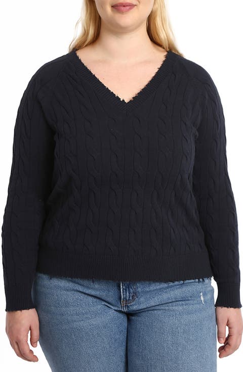 Frayed V-Neck Cable Knit Cotton Sweater (Plus)