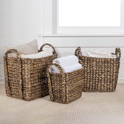 Happimess Clara Farmhouse Classic Handwoven Hyacinth Rectangle Storage Floor Baskets With Handles (set Of 3) In Brown