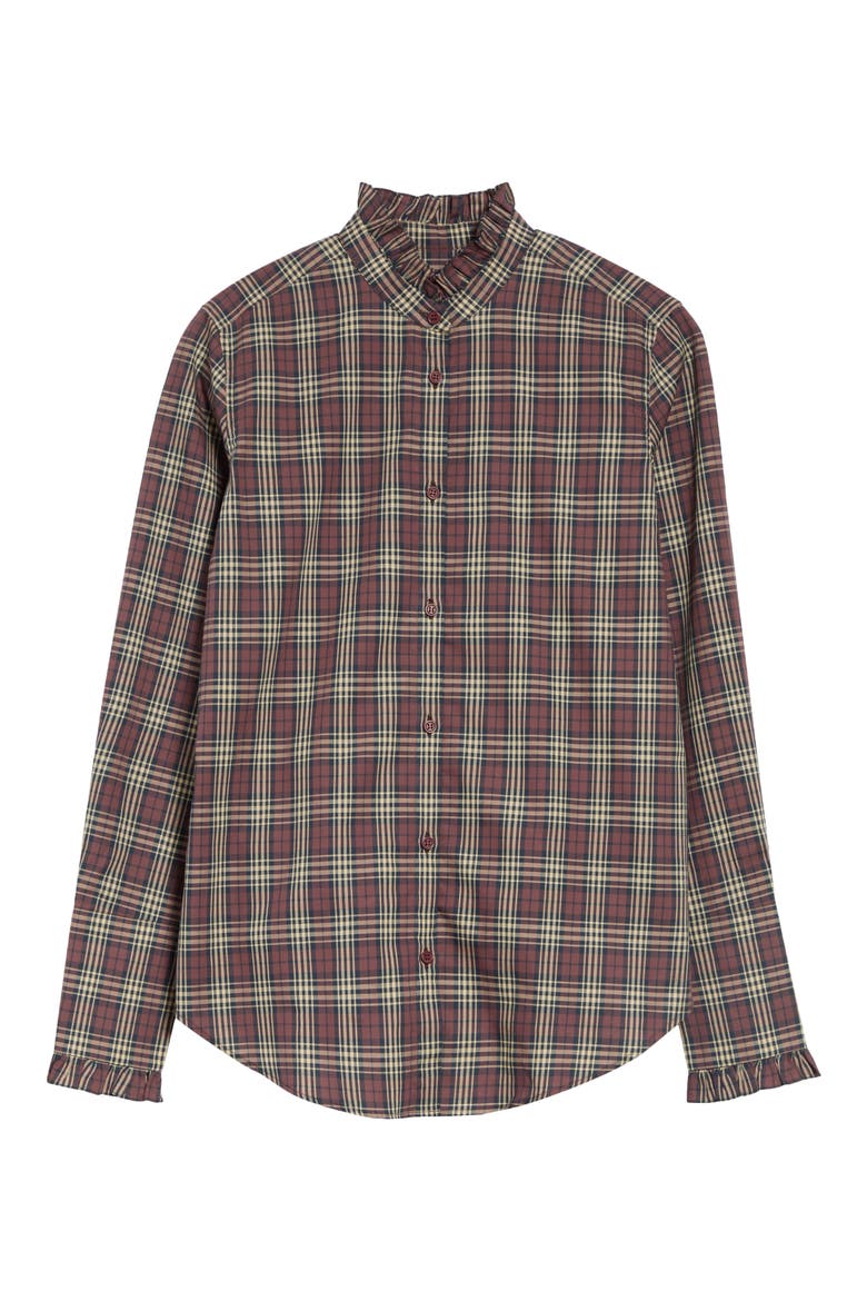 Elio Plaid Ruffle Band Collar Button-Up Shirt, Alternate, color, RUSTIC CHECK