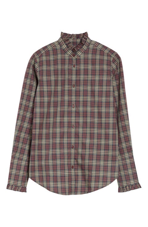 Elio Plaid Ruffle Band Collar Button-Up Shirt