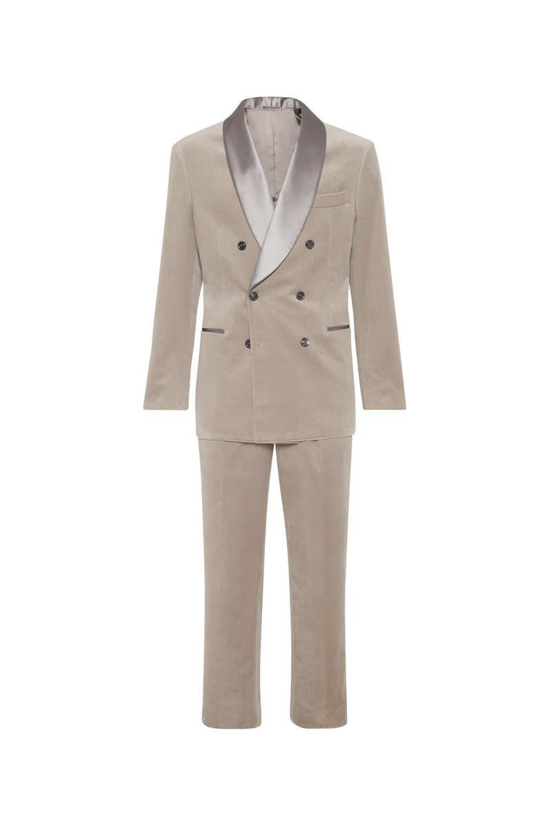 Brunello Cucinelli Cotton velvet tuxedo with one-and-a-half breasted shawl lapel jacket and pleated trousers, Main, color, 