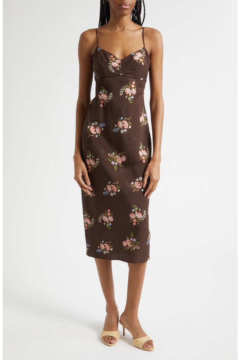 Shara Floral Print Silk Blend Midi Dress, Main, color, DARK MOCHA MULTI