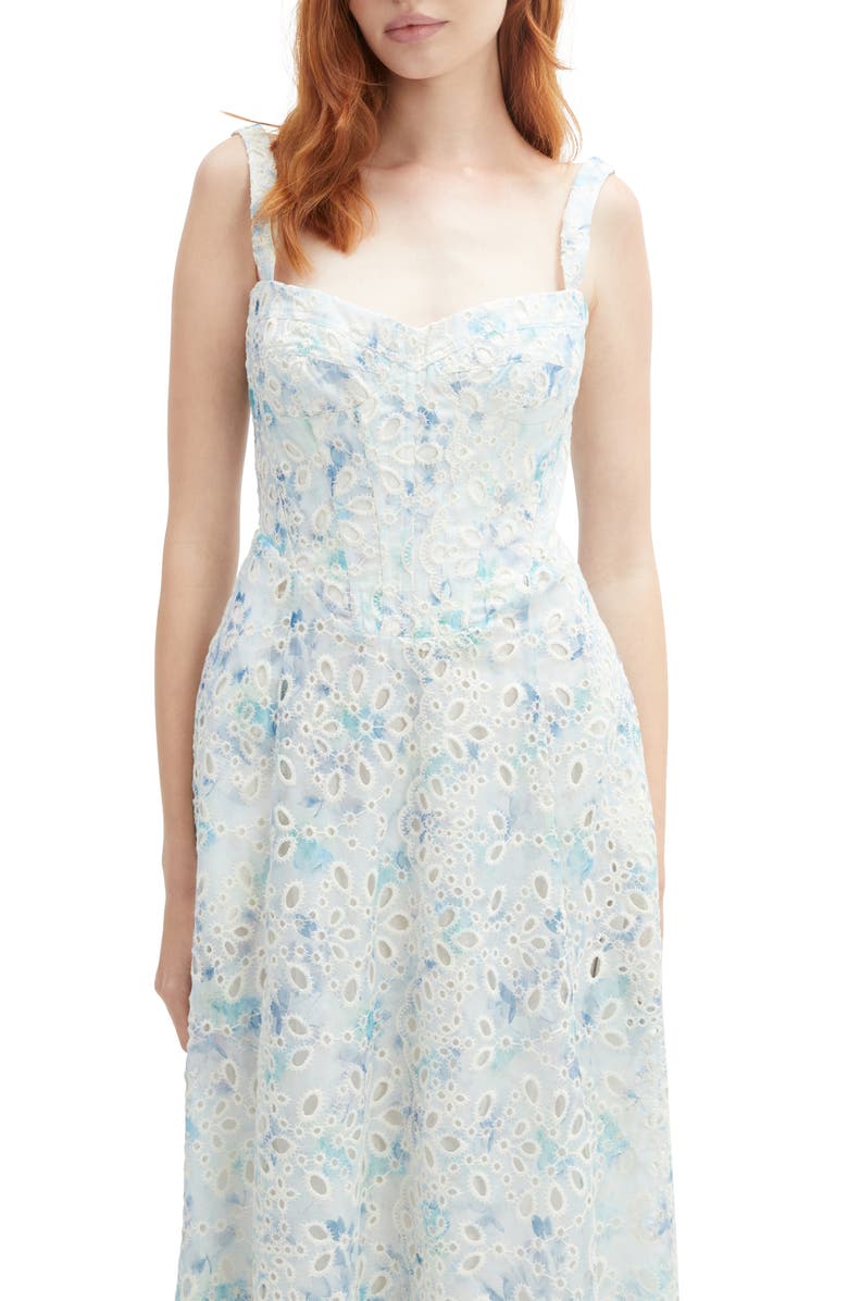Bardot Adaline Eyelet Embroidered Corset Midi Dress, Alternate, color, Blue White