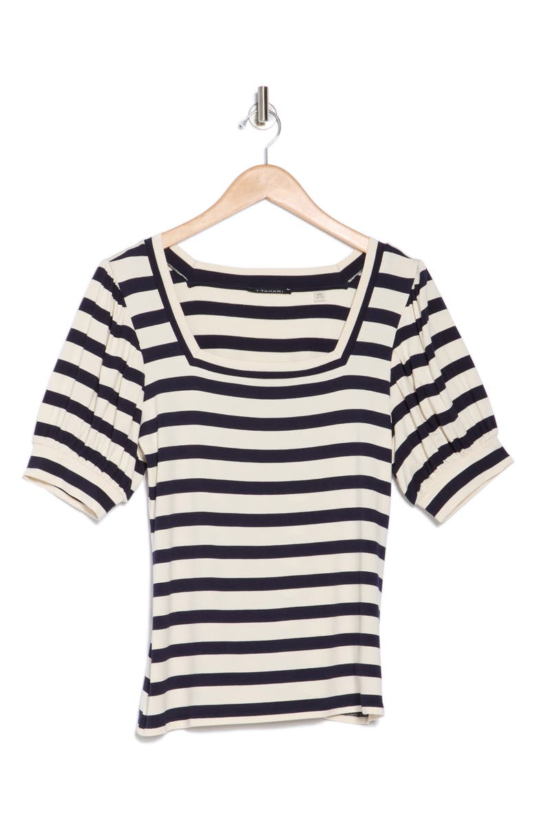T Tahari Square Neck Banded Top, Alternate, color, Ivory/ Navy Stripe