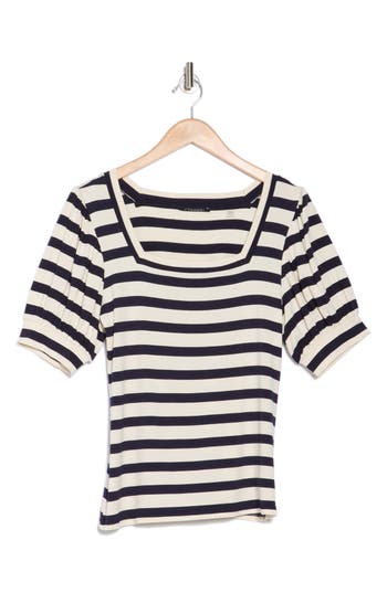 T Tahari Square Neck Banded Top In Ivory/navy Stripe