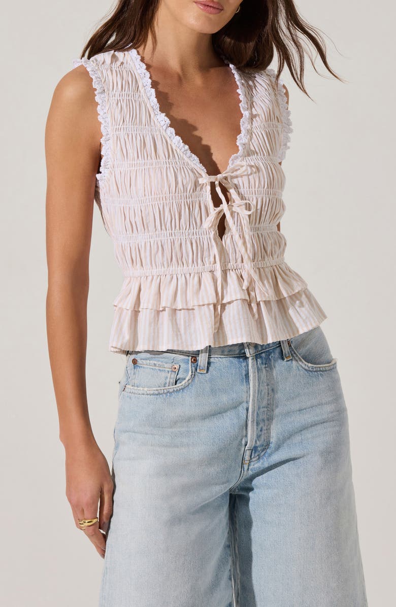 ASTR the Label Tie Front Tiered Hem Top, Main, color, White Beige Stripe