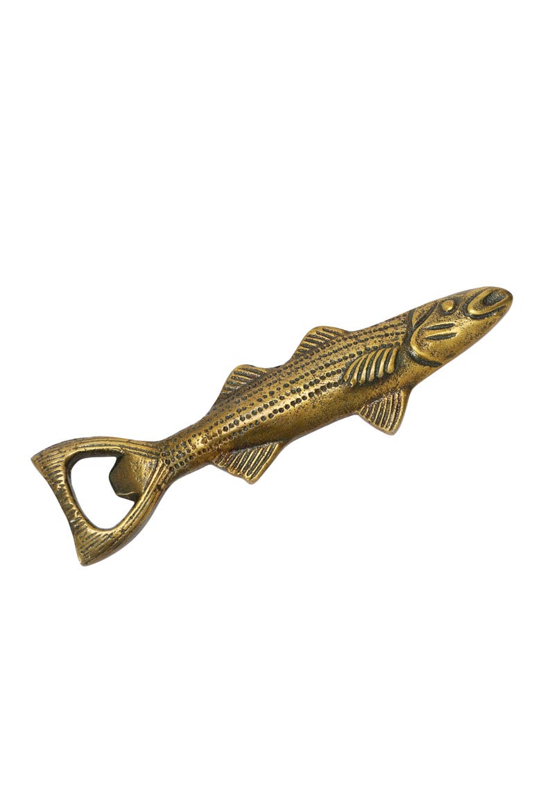 Cast Aluminum Fish Shaped Bottle Opener, Antique Gold Finish, Main, color, Gold
