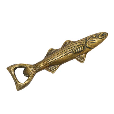 Cast Aluminum Fish Shaped Bottle Opener, Antique Gold Finish