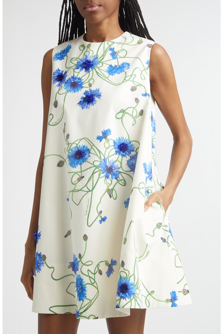 Cornflower Embroidered Cotton Trapeze Minidress, Alternate, color, CORNFLOWER