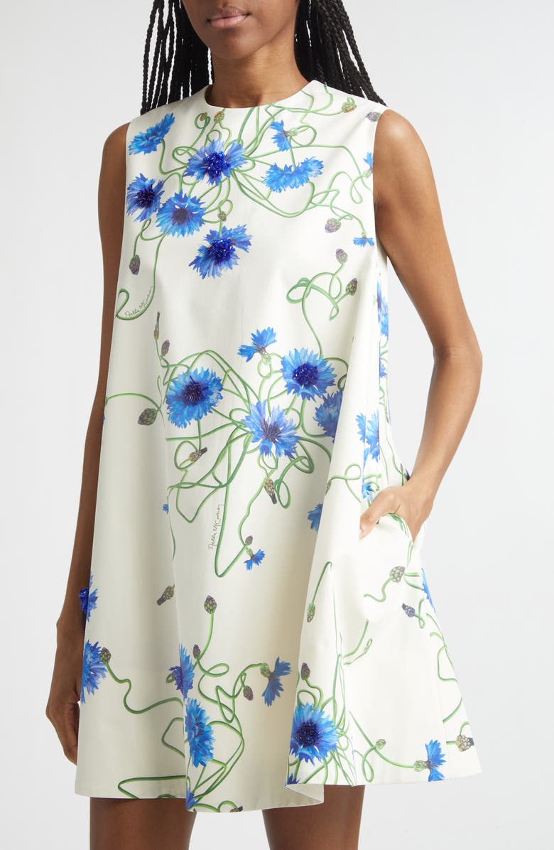 Stella McCartney Cornflower Embroidered Cotton Trapeze Minidress, Alternate, color, Cornflower