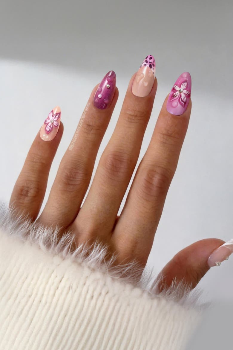 Island Girl Almond Press On Nails, Alternate, color, Pink