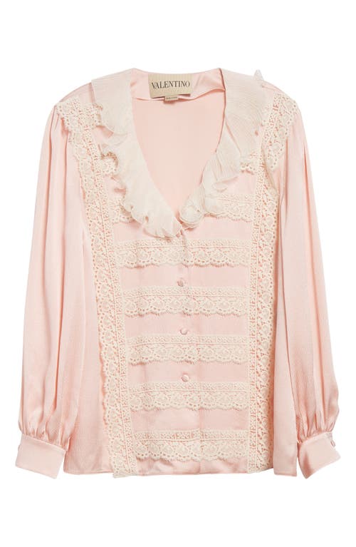 Valentino Ruffle V-neck Lace Trim Silk Shirt In Pink