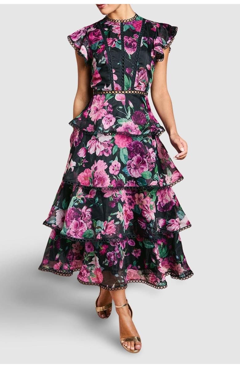 Coast Lace Trim Tiered Organza Midi Dress, Alternate, color, Navy