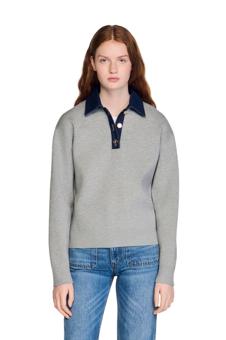 Sweater with denim collar, Alternate, color, Grey