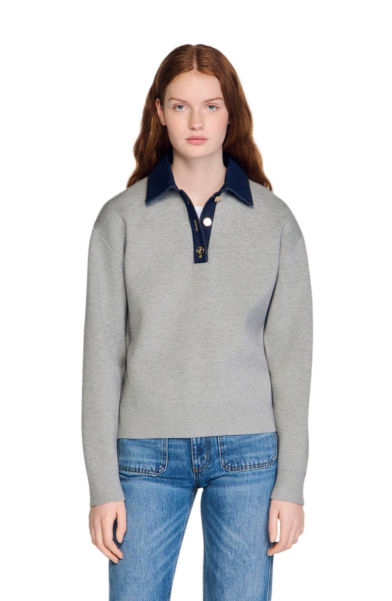SANDRO Sweater with denim collar, Alternate, color, Grey